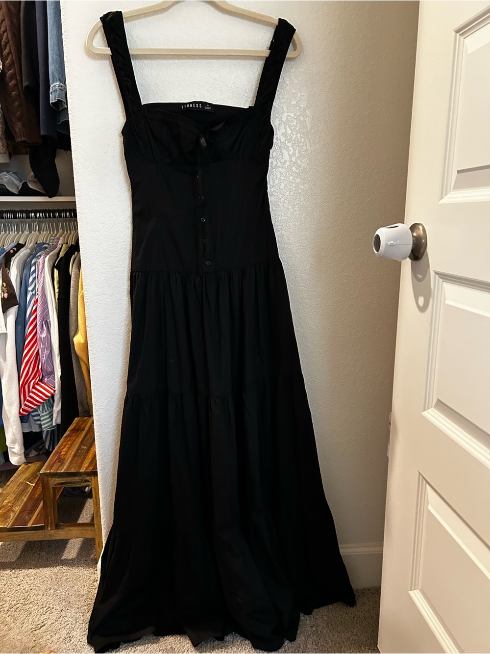 Lioness Corset-Inspired Black Maxi Dress with Square Neck